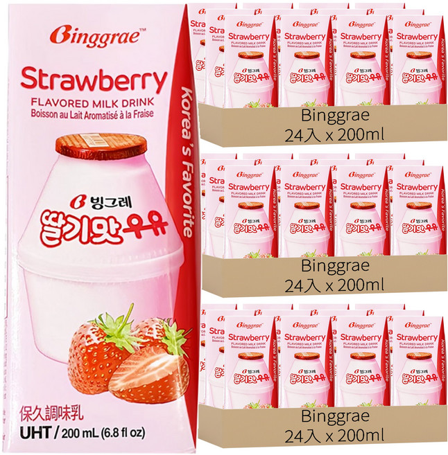 Binggrae 草莓牛奶, 72入, 200ml