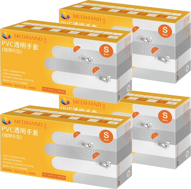 MEDIHAND 美恆 PVC透明手套 加厚6克 S, 100個, 4盒