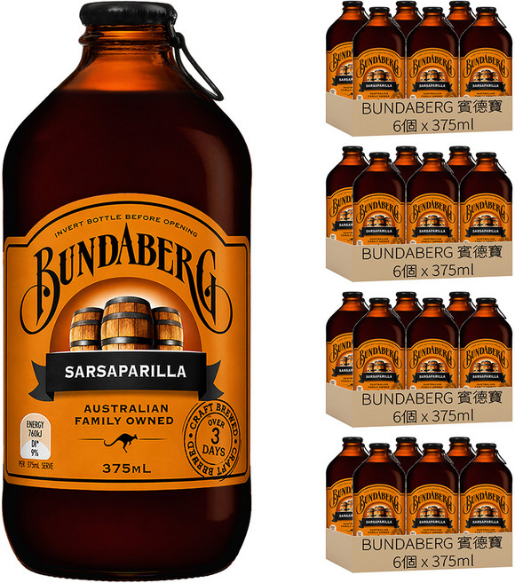 BUNDABERG 賓德寶 沙士風味氣泡飲, 24個, 375ml