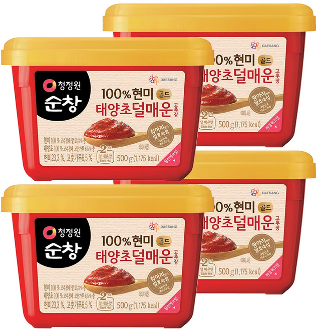 청정원순창 100% 현미 골드 태양초 덜매운 고추장, 500g, 4개