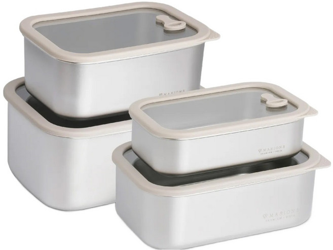 MASIONS 美心 PREMIUM 可微波 皇家316不鏽鋼矽膠玻璃蓋抗菌大容量豪華保鮮盒4件組, 1組, 4個容器 + 4個蓋子