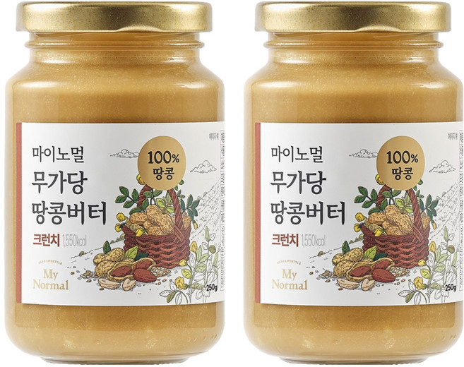 마이노멀 무가당 땅콩버터 100% 크런치, 2개, 250g