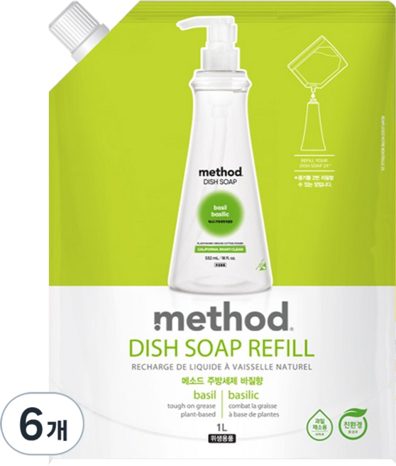 메소드 스마트 클린 주방세제 바질향 리필, 6개, 1L
