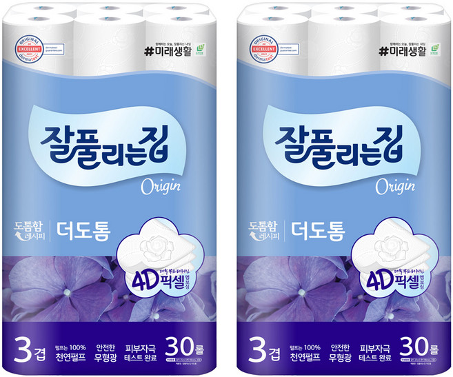 잘풀리는집 더도톰 천연펄프 3겹 고급롤화장지, 25m, 30개입, 2개