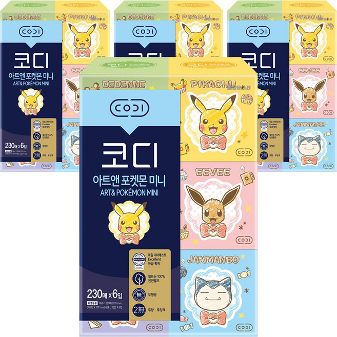 코디 아트앤 포켓몬 미니 천연펄프 각티슈 2겹 랜덤발송, 230매, 24개