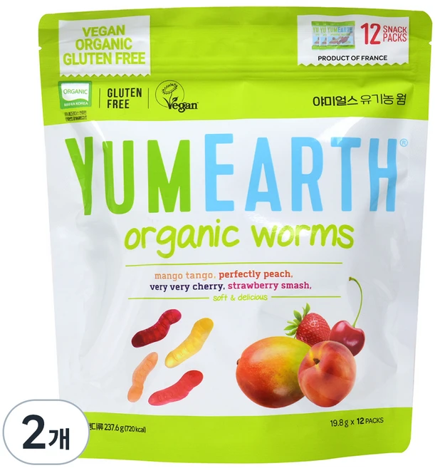 야미얼스 유기농 웜 젤리, 망고 + 복숭아 + 체리 + 딸기 혼합맛, 237.6g, 2개 - 쿠팡