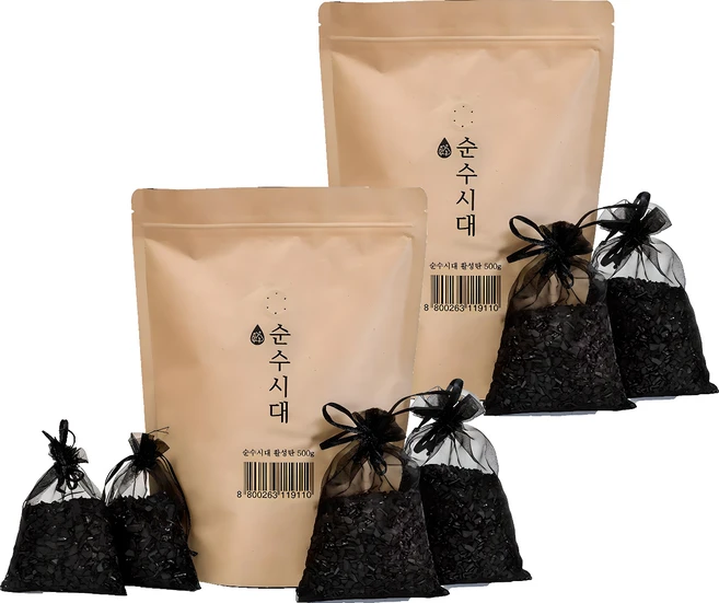 순수시대 활성탄 실내 탈취제 본품 + 망사주머니 4개, 500g, 2세트 - 쿠팡