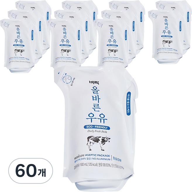 비락 올바른 우유, 180ml, 60개