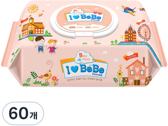 아이러브베베 피치 아기물티슈 캡형, 52g, 100매, 60개