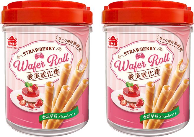 義美 威化捲輕巧桶 香甜草莓, 318g, 2罐