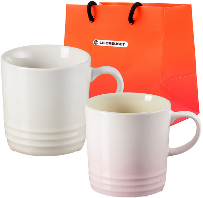 르크루제 카푸치노 머그컵 200ml 2종 + 쇼핑백 세트, 쉘핑크, 머랭, 1세트