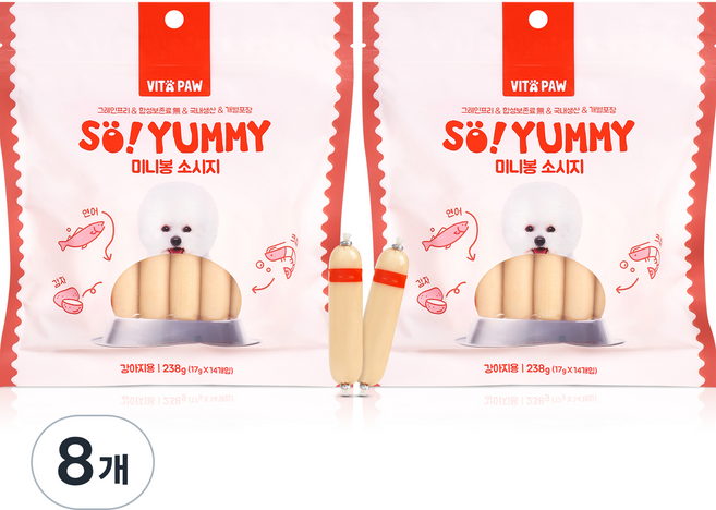 비타파우 강아지 쏘야미 미니봉 소시지 간식, 혼합맛(연어/크릴), 238g, 8개