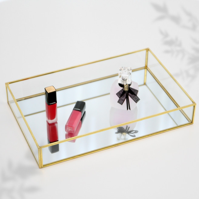 주앤지 사각 프레임 유리 미러 트레이, 골드