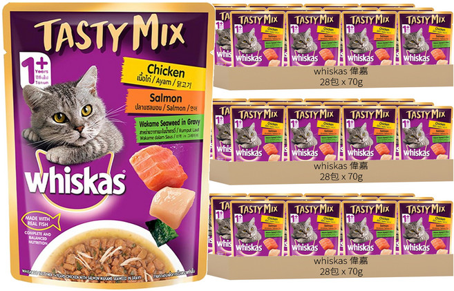 whiskas 偉嘉 什錦珍味妙鮮包 貓主食餐包, 雞肉 + 鮭魚 + 海藻湯汁, 70g, 84包