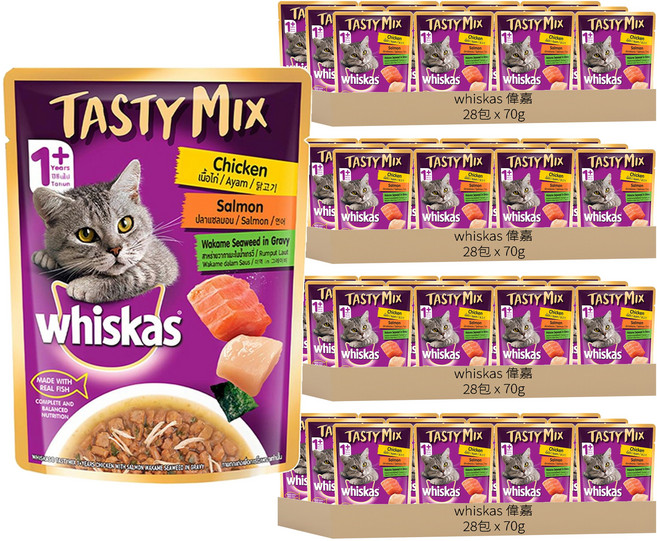 whiskas 偉嘉 什錦珍味妙鮮包 貓主食餐包, 雞肉 + 鮭魚 + 海藻湯汁, 70g, 112包