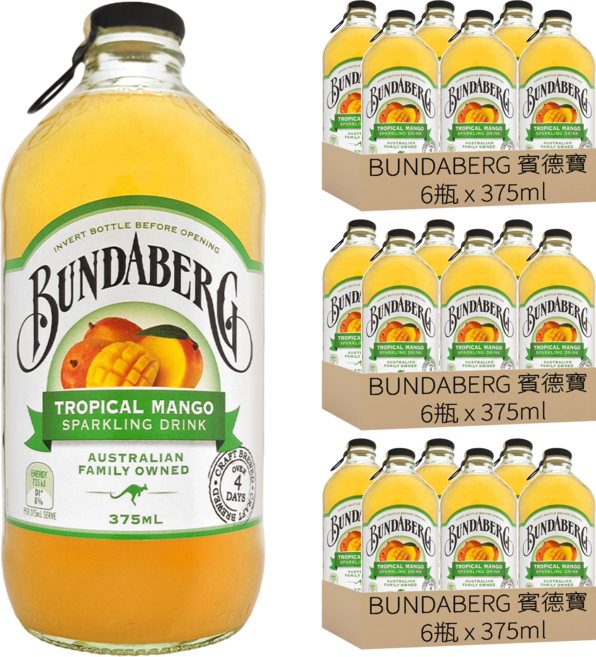BUNDABERG 賓德寶 芒果風味氣泡飲, 375ml, 18瓶