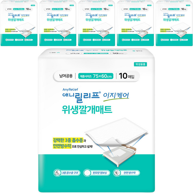 애니릴리프 남여공용 이지케어 위생 깔개매트, 10매입, 6개