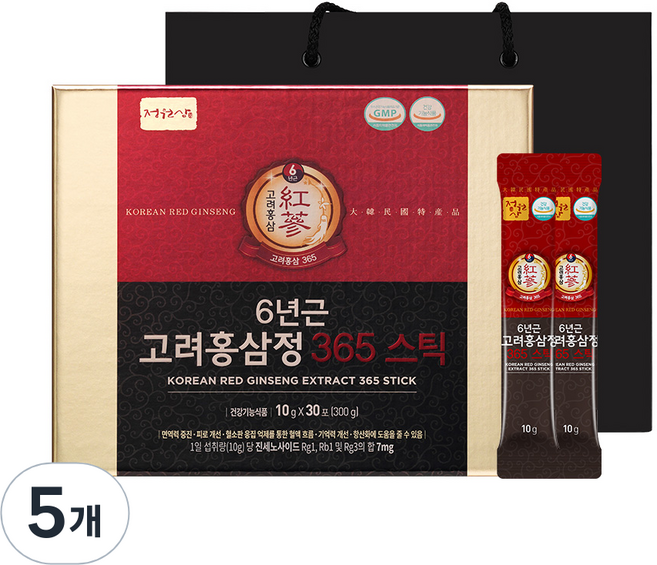정원삼 6년근 고려홍삼정 365 스틱 선물세트 + 쇼핑백, 300g, 5개