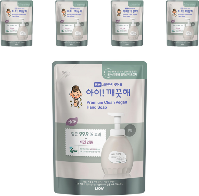 아이깨끗해 프리미엄 클린 비건 폼 핸드솝 무향 리필, 400ml, 5개