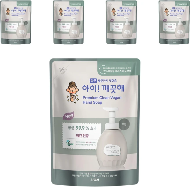 아이깨끗해 프리미엄 클린 비건 폼 핸드솝 무향 리필, 400ml, 5개 - 쿠팡