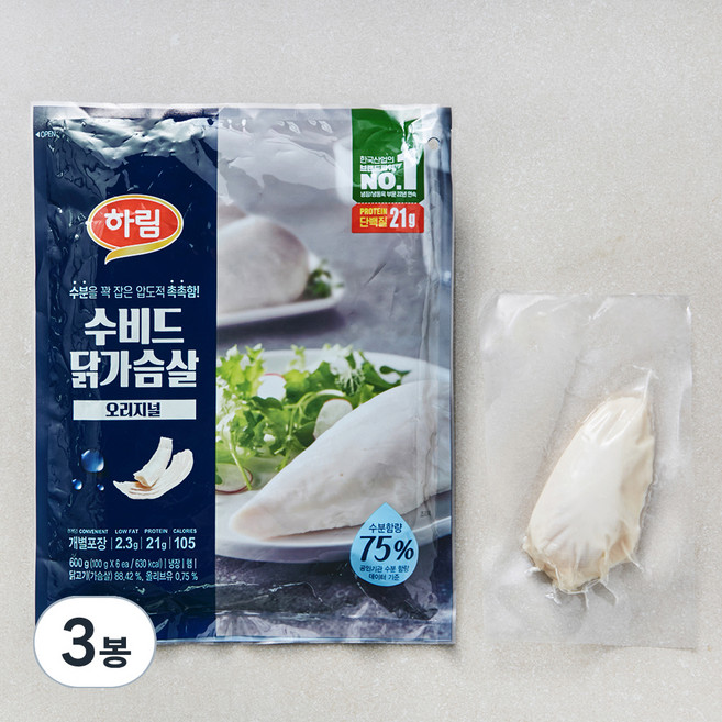 하림 수비드 닭가슴살 오리지널, 100g, 6개입, 3개