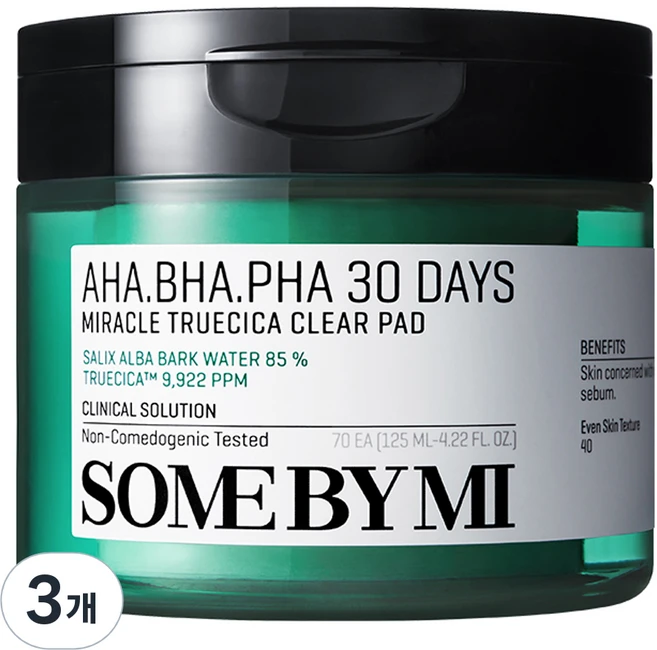 썸바이미 아하 바하 파하 30 데이즈 미라클 트루시카 클리어패드 125ml, 70매입, 3개 - 쿠팡