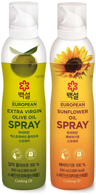 백설 유러피안 엑스트라버진 올리브유 스프레이 오일 200ml + 해바라기유 스프레이 오일 200ml, 1세트