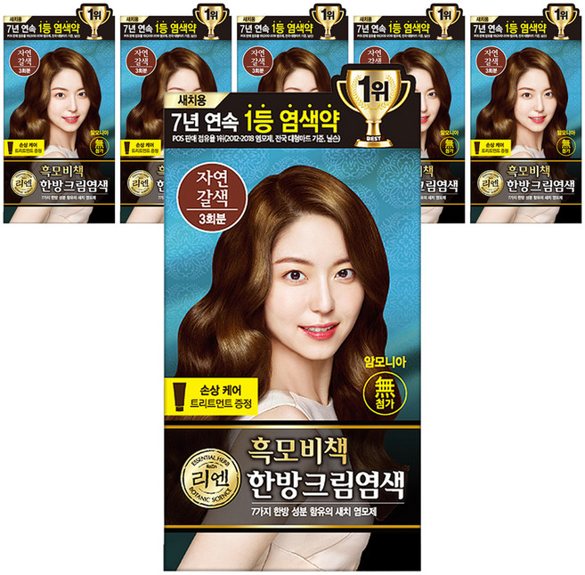 리엔 흑모비책 한방 크림 새치 염색제, 자연갈색, 6개