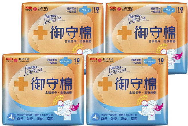 康乃馨 御守棉 超薄柔棉一般流量衛生棉, 21.5cm, 18片, 4包
