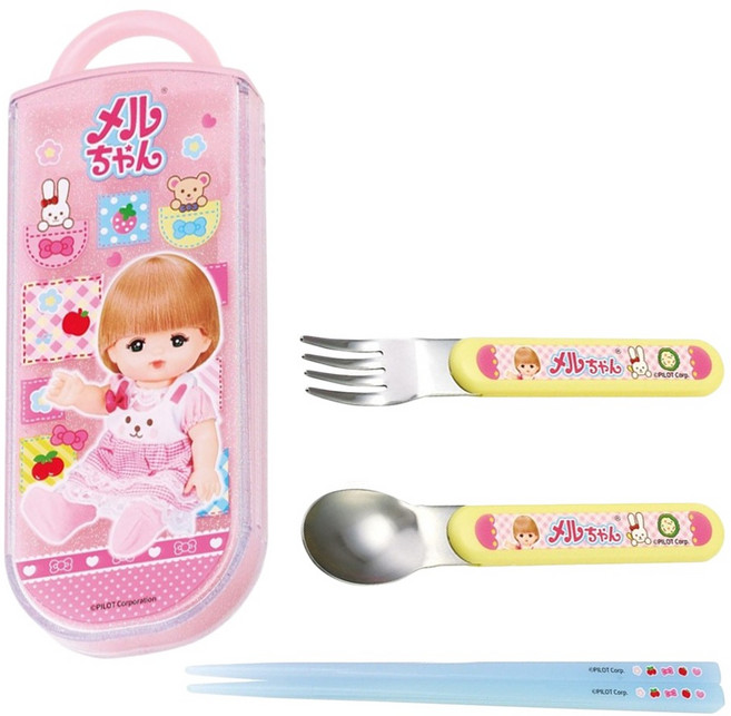 Skater AG抗菌三合一餐具組, 筷子 + 叉子 + 湯匙 + 外盒, 小美樂 粉色 + 黃色 + 藍色, 1組