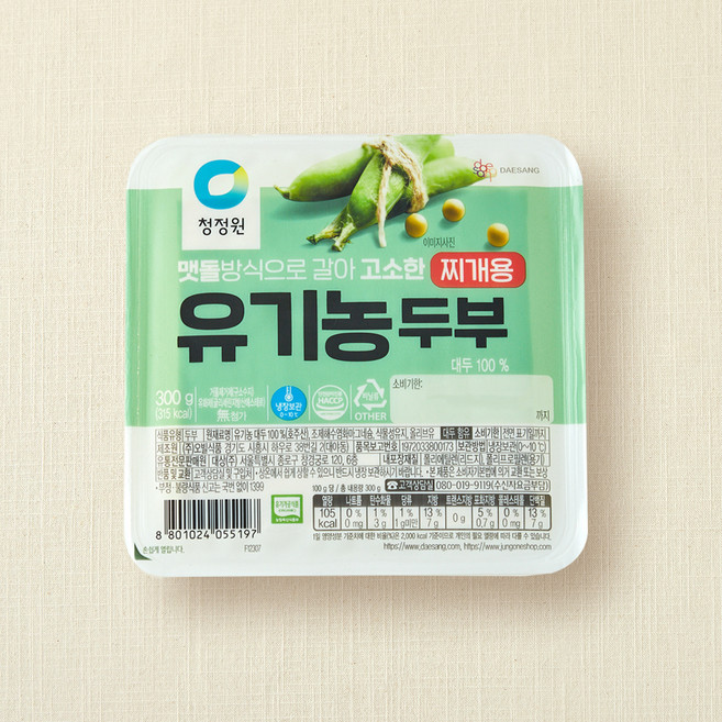 청정원 유기농 두부 찌개용, 300g, 1개
