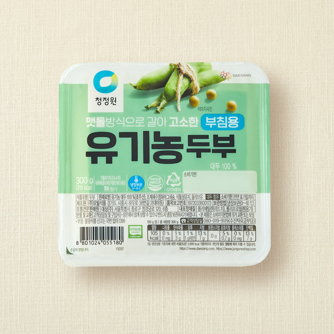 청정원 유기농 두부 부침용, 300g, 1개