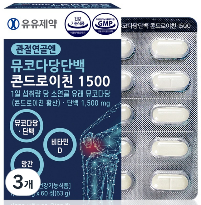 유유제약 관절연골엔 뮤코다당단백 콘드로이친 영양제 1500 63g, 3개, 60정
