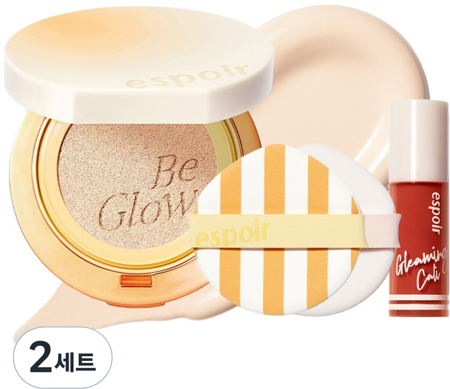 espoir 艾絲珀 Be Glow 豐盈光澤氣墊粉餅 凱莉版 13g SPF42 PA+++ + 粉撲 2入 + 護唇釉 2g 套組, 13號 瓷白, 2套