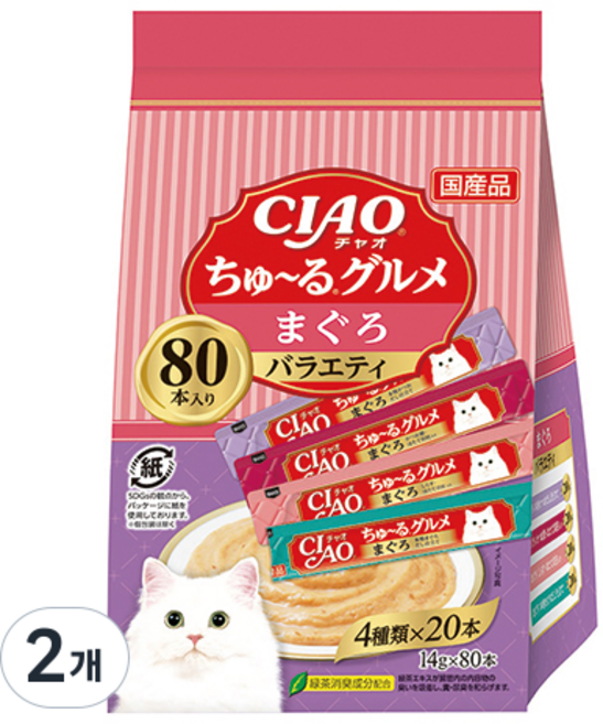 이나바 고양이 챠오츄르 버라이어티 짜먹는 간식 80p, 참치, 1.12kg, 2개