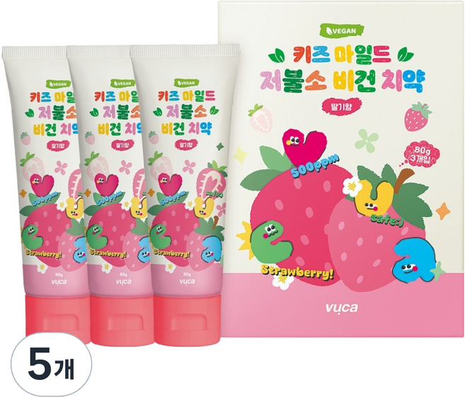 뷰카 키즈 마일드 저불소 치약 딸기향 3p, 240g, 5개