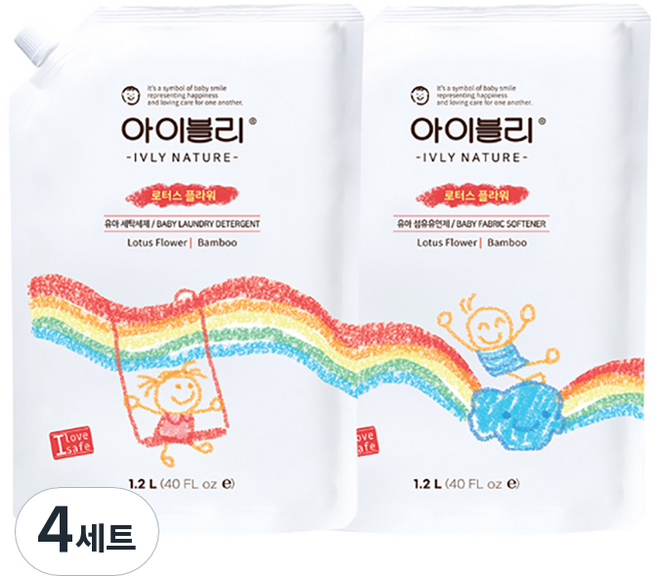 아이블리네이처 로터스 플라워향 대나무 성분 유아용 세제 1.2L + 섬유유연제 1.2L, 4세트