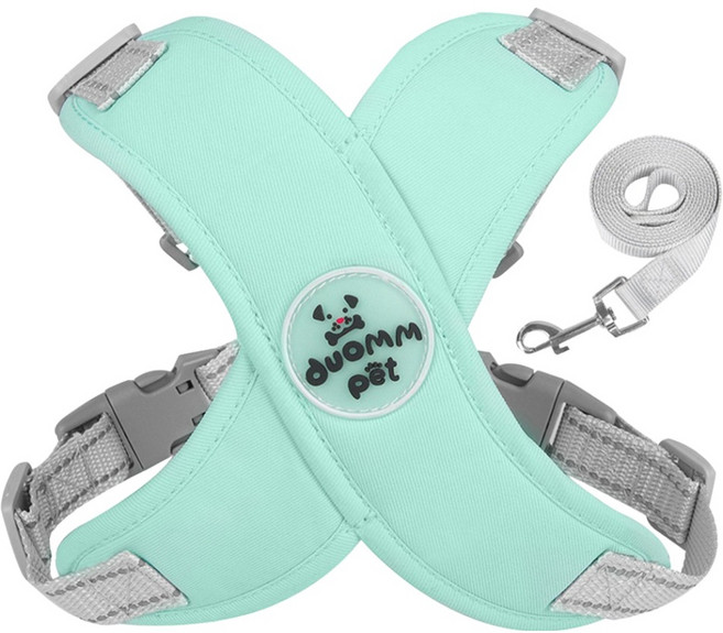 모노플리 강아지 가죽 패치 크로스 마카롱 가슴 하네스 + 리드줄 세트, 민트, 1세트