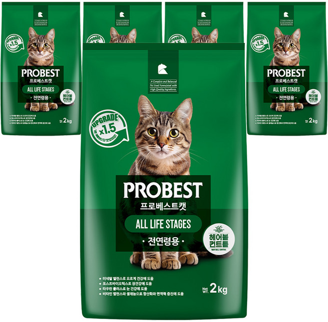 프로베스트 고양이 그린 전연령 기능성 사료, 헤어볼+장건강, 2kg, 5개