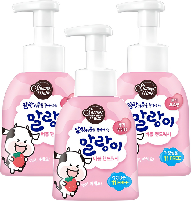 샤워메이트 말랑카우 퓨어버블 핸드워시 딸기우유향, 300ml, 3개