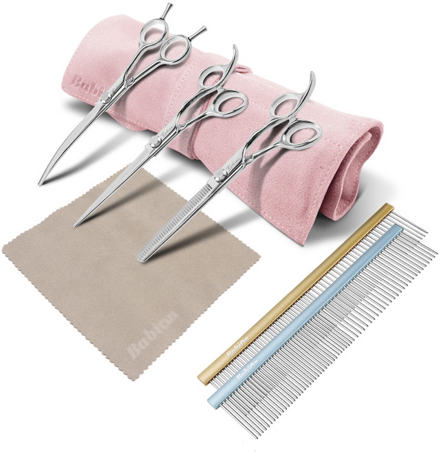 바비온 초급자용 반려동물 미용가위 E2 3종세트, 인디언 핑크, 1세트