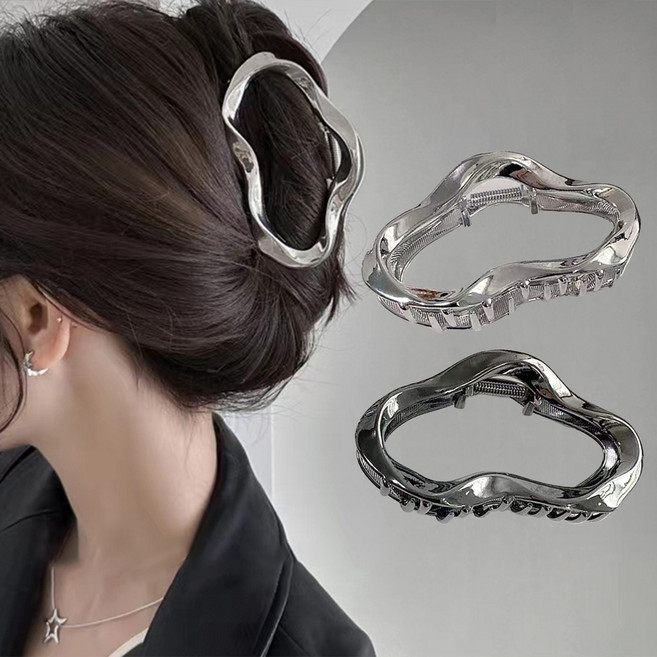 워더미 유광 실버 메탈 구름 라인 포인트 빅집게핀 2종 세트 MF568