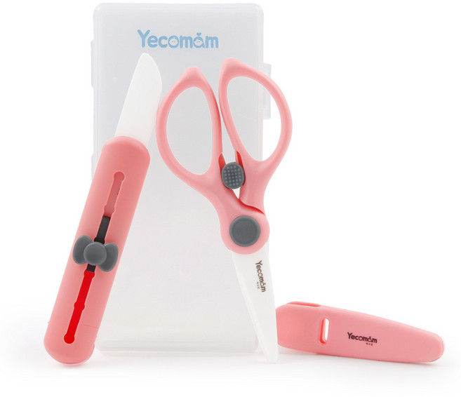 예꼬맘 세라믹 이유식 칼 + 가위 + 휴대용 케이스, PINK, 1세트