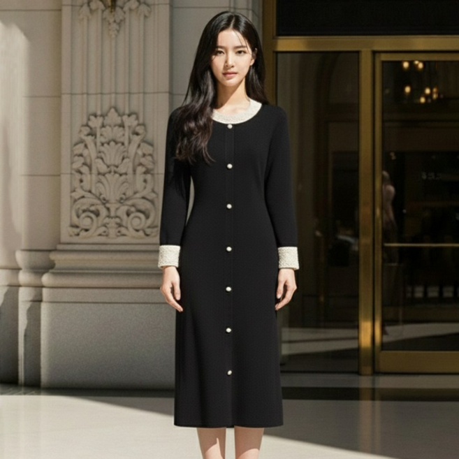 Paperments Rachel 珍珠鈕扣長版針織連身裙 14144, 黑色