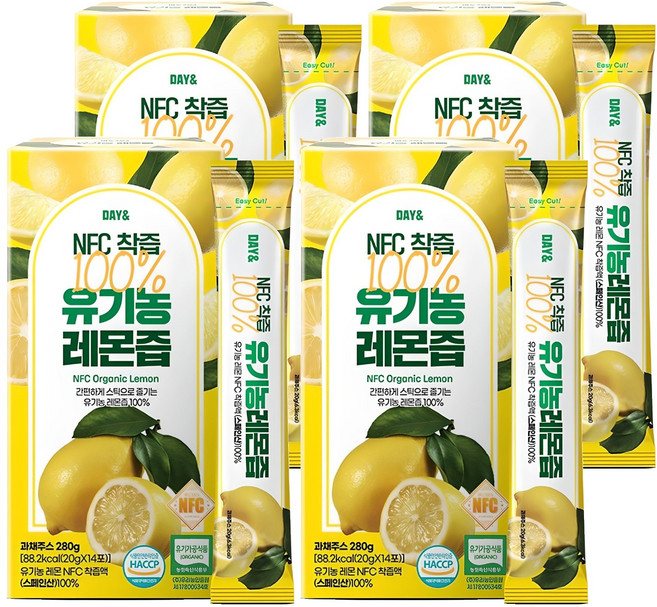 데이앤 NFC 100% 유기농 레몬즙, 280g, 4개
