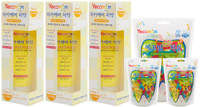 예꼬맘 아동용 치약 3단계 3p + 지퍼백 치실 3p, 60g, 1세트