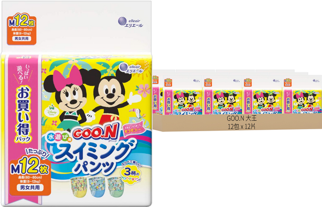 GOO.N 大王 日本境內版 米奇米妮款 戲水褲/尿布 男女適用, M, 144片