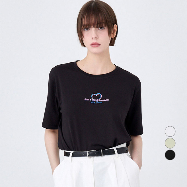 ELLE PARIS 여성용 레이온 찰랑 Heart 라운드넥 반팔 티셔츠