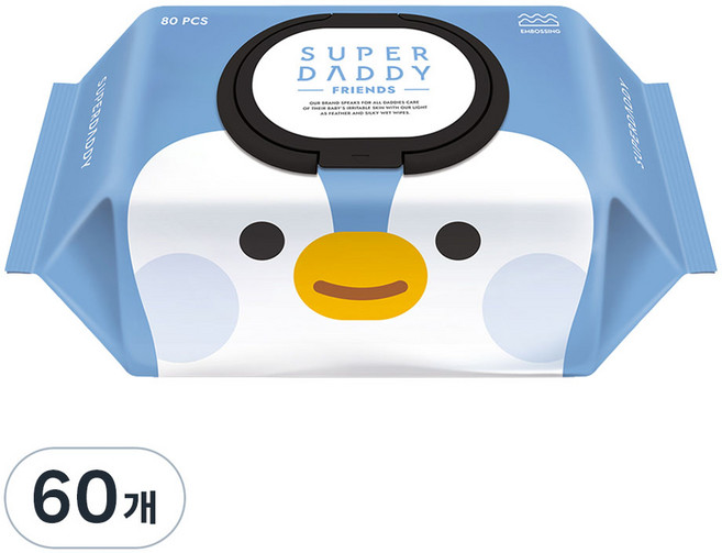 슈퍼대디 프랜즈 펭귄 유아물티슈 캡형, 55g, 80매, 60개