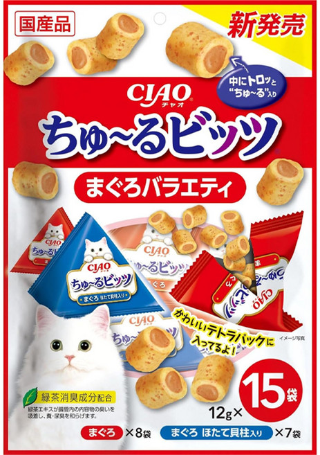 INABA 迷你肉泥夾心捲多入組 CS-175 15包, 鮪魚/鮪魚 + 干貝, 180g, 1袋